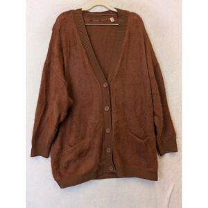 T Tahari Cardigan Women's Large Brown Fuzzy Eyelash Knit Oversized V-Neck Button